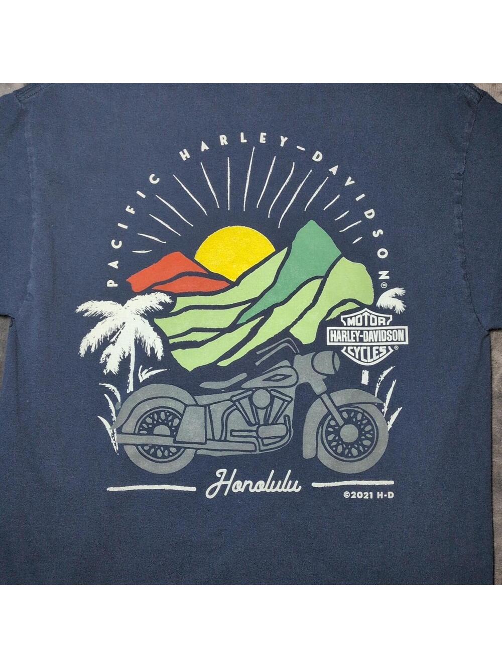 Harley Davidson Honolulu Shirt Mens Medium Blue Hawaii Cycle City Graphic Tee - Picture 2 of 8